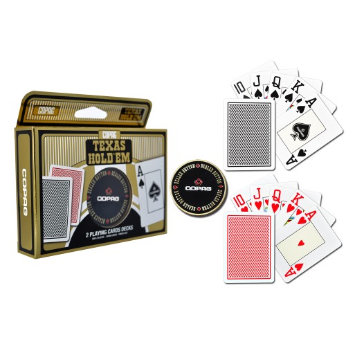 Carti de joc poker, Texas Hold'em, profesionale, 100% plastic, index mare, 2 pachete, rosu si negru, jeton metalic dealer